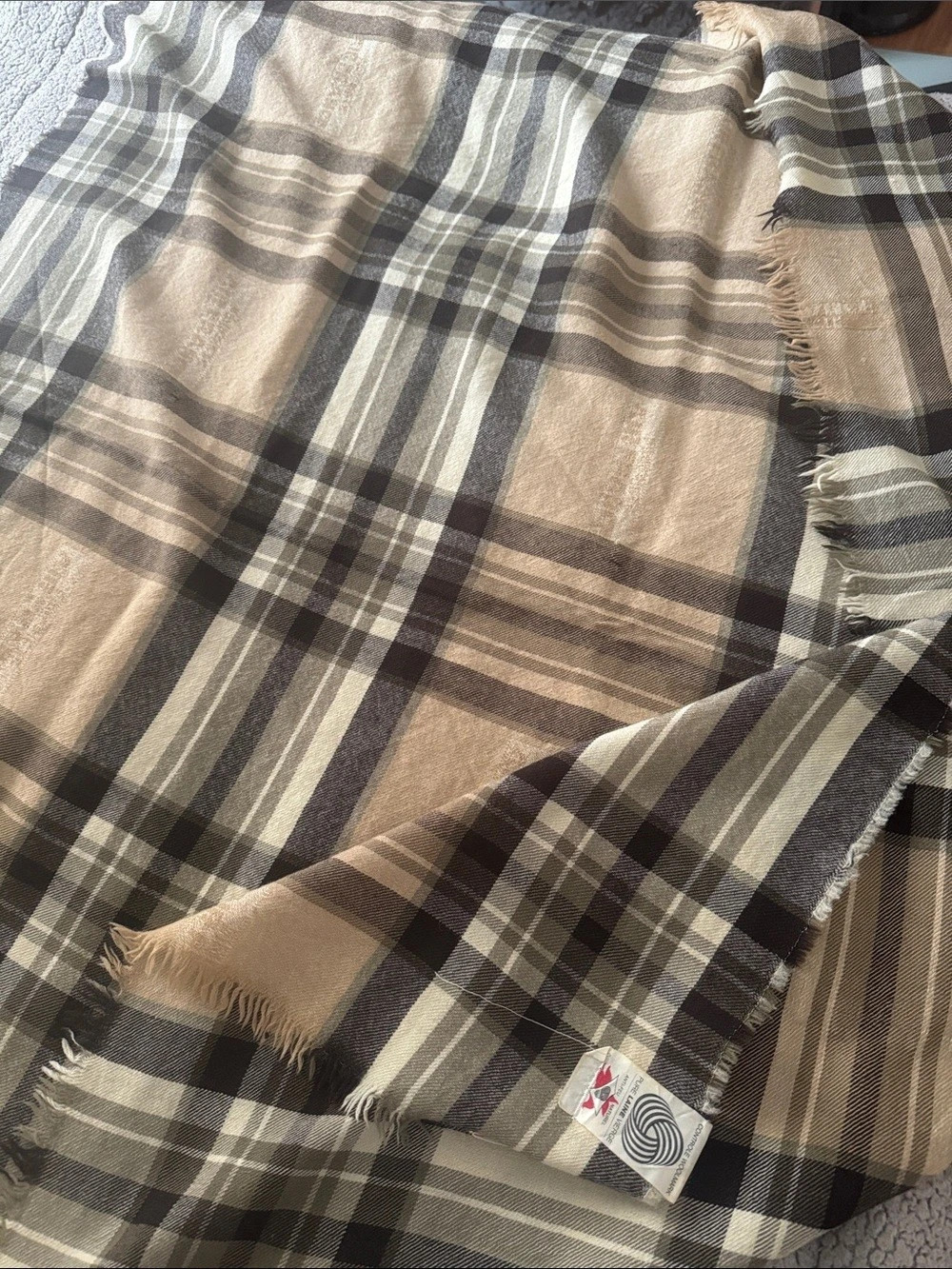 Vintage Air France 100% Pure Virgin Wool Plaid Blanket Travel Shawl